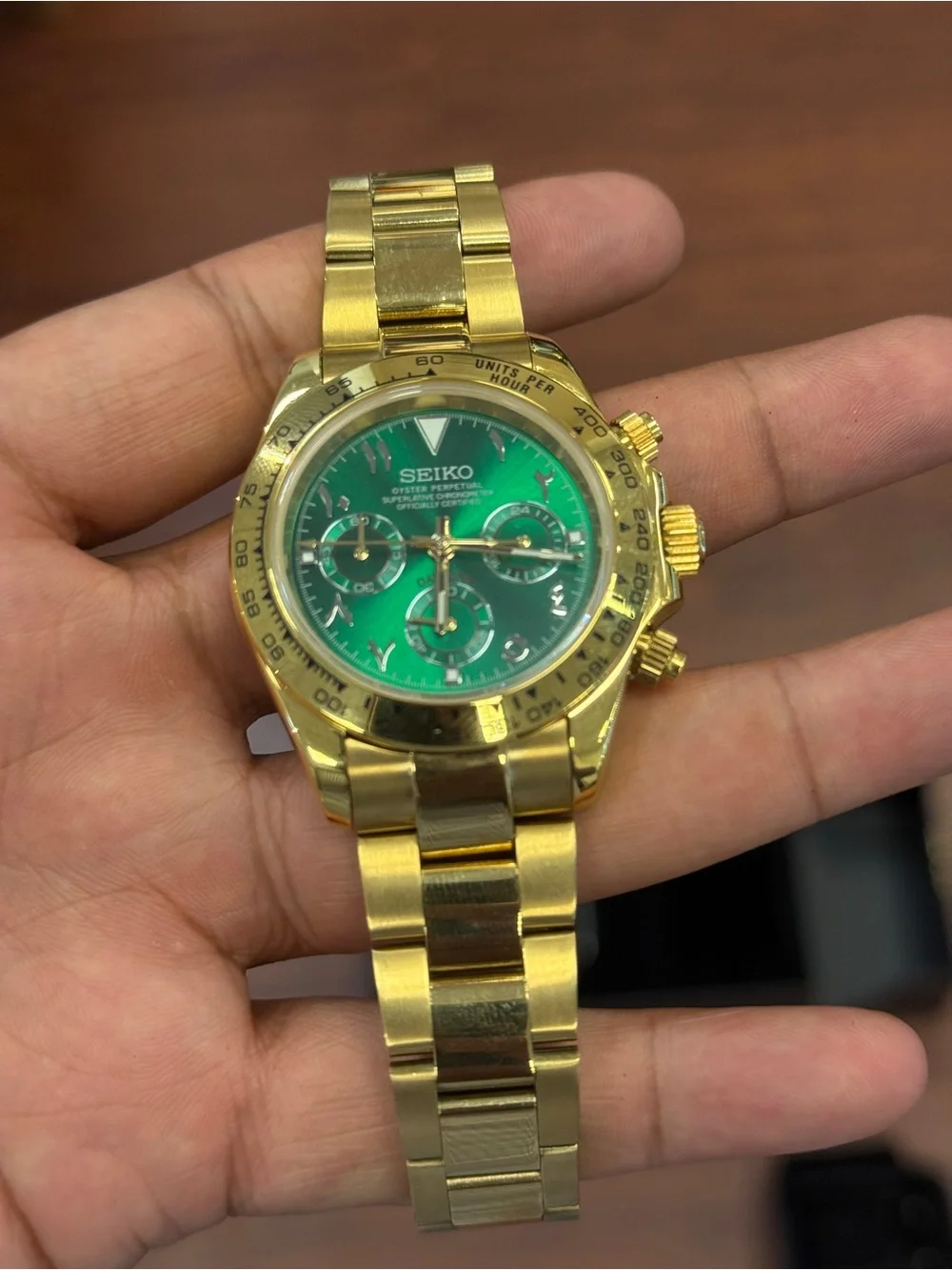 Seiko mod Gold Bracelet Chronograph with Green Dial Arabic Mens watch